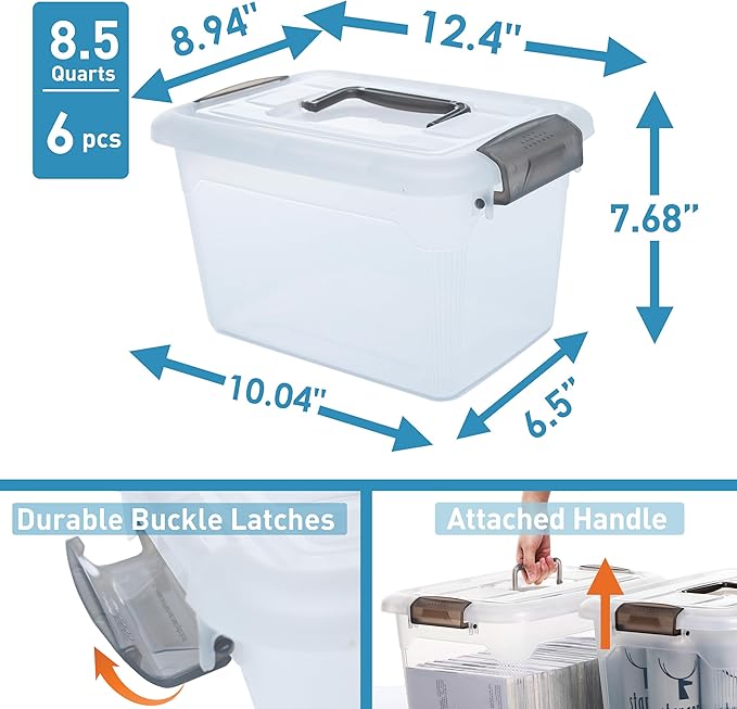 Citylife 6 Packs 8.5 QT Storage Bins with Lids Clear Plastic Bins with Grey Handle Stackable Storage Containers for Organizing