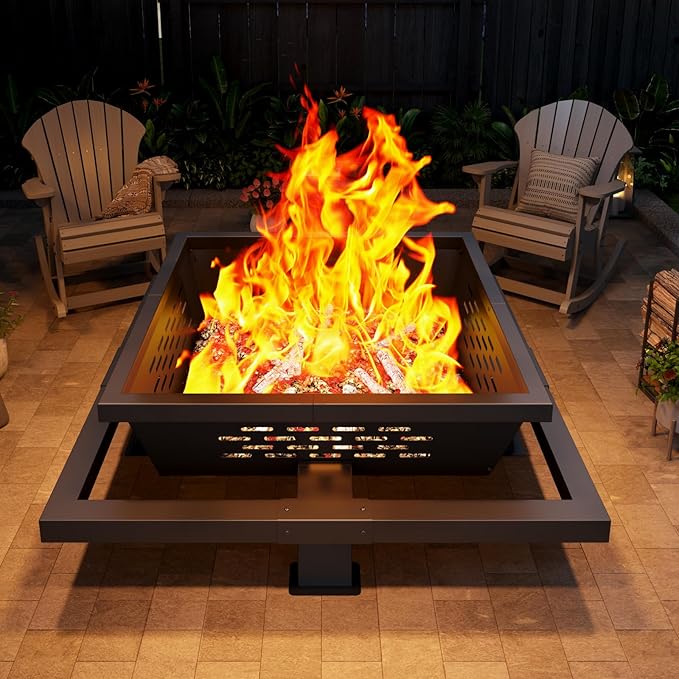 47 Large Fire Pit Square Outdoor Fire Pit with Poker Wood Burning FirePit for Camping Backyard Patio