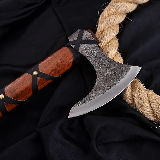 Viking Axe Ragnar Lothbrok – Hand Forged Bearded Axe with Rosewood Handle High Carbon Steel Norse Tomahawk Sharp Camping &amp Hunting Hatchet Viking Axe with Leather Sheath for him