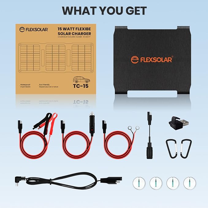 FlexSolar 15W Foldable Solar Panel Trickle Charger Maintainer Kits - 12V DC &amp USB Output with Built-in Controller Includes Cigarette Lighter Alligator Clips O-RingsOBDII Connector for Car Truc