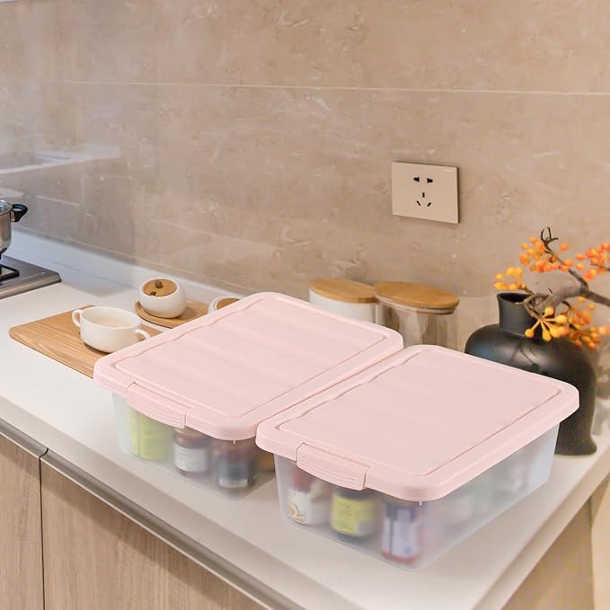 Wekioger Set of 2 Versatile Organizer Bins with Pink Lids 14 Quart Plastic Latching Storage Box