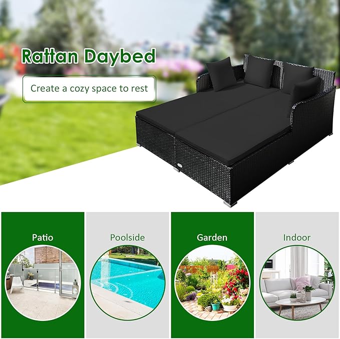 Tangkula Outdoor Rattan Daybed Wicker Furniture with Spacious Seat Upholstered Cushion &amp High-Resilience Sponge Patio Sofa Set with 4 Pillows 2-Person Sunbed for Poolside Backyard Garden &amp