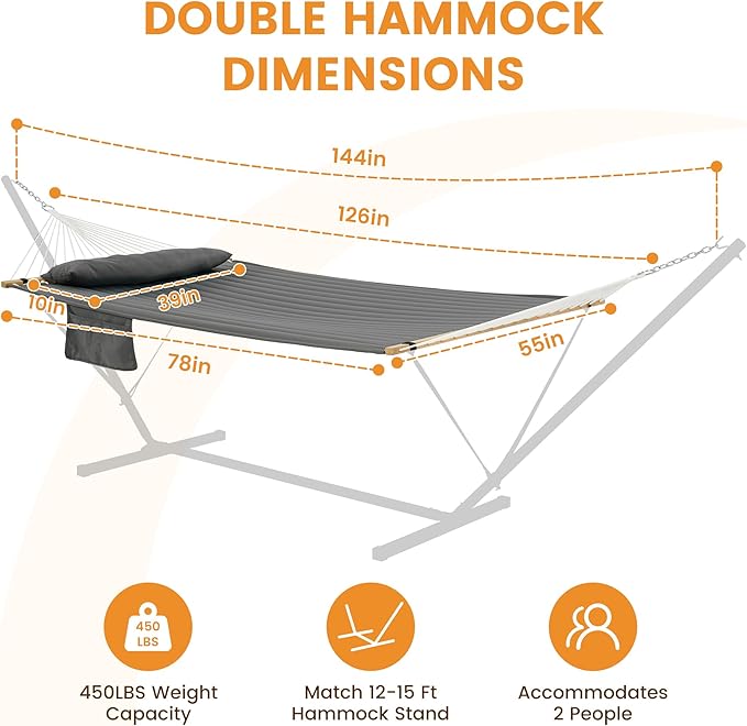Lazy Daze Hammocks 2 Person Double Quilted Fabric Hammock with Spreader Bar Detachable Pillow Side Pocket Carabiners Chains Straps for Outdoor 450lbs Capacity Grey