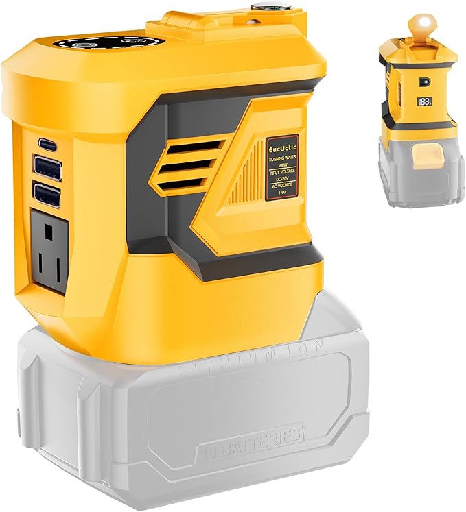 Portable Power Inverter 300WDC 20V to Ac110V-120V Powered Outlet 2 USB Ports 1 Type-C 1 Ac Outlet and Led LightCar Outdoor Camping Dedicated(No Battery-Yellow)
