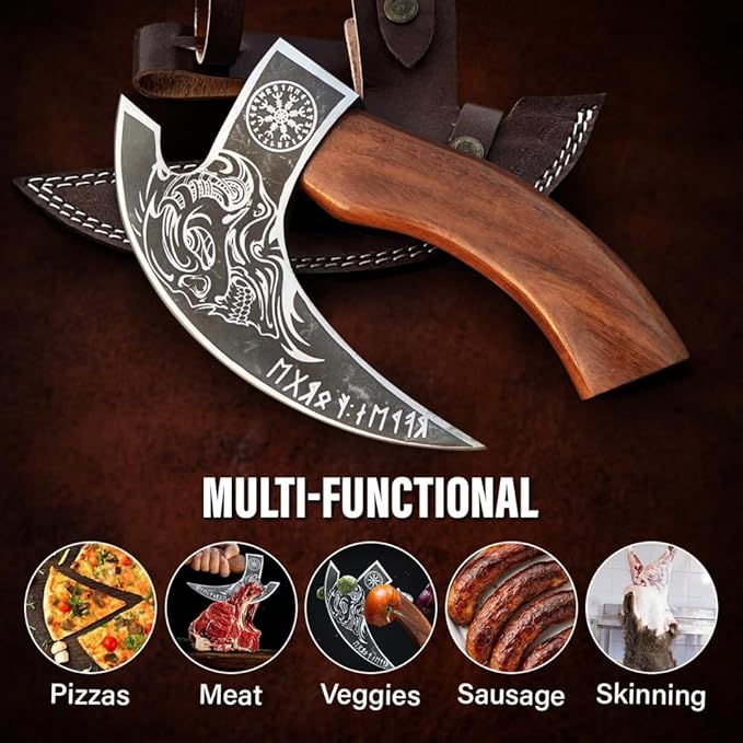Multipurpose Viking Pizza Axe with Sheath Viking Butcher Axes Cutter - Burned Wood Handle &amp Heavy Duty Skull Head - Perfect for Cutting Pizza Meat Vegetables(Skull)