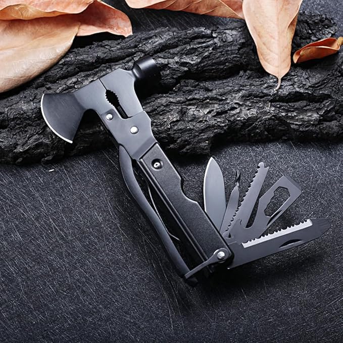 Multifunctional Axe Life Hammer Broken Window Hammer Outdoor Camping Ground Hammer Suitable for Camping Survival Hiking Fishing (Black)