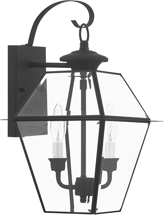 Livex Lighting 2281-04 Westover 2 Light Outdoor Black Finish Solid Brass Wall Lantern with Clear Beveled Glass