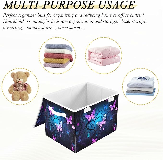 YETTASBIN Purple Blue Butterfly Storage Basket with Lid and Handles Large Collapsible Fabric Storage Bins Durable Storage Organizer for Shelves Closet Bedroom School Office Home Decor
