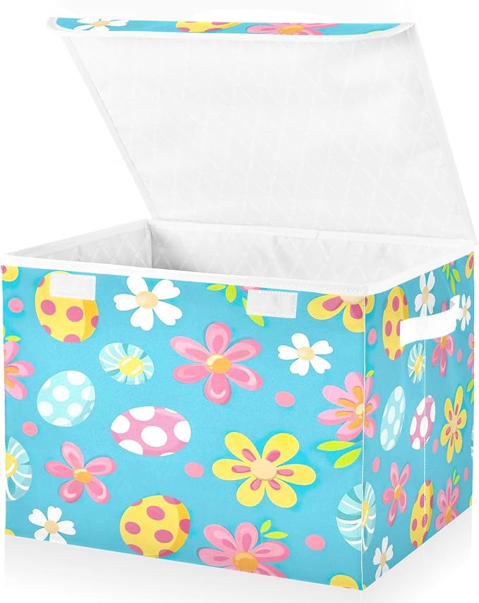 Christmas Storage Baskets with Lids Cute Flowers and Eggs Collapsible Bins Stackable Fabric Linen Baskets Closet Organizer Container 16.5x12.6x11.8
