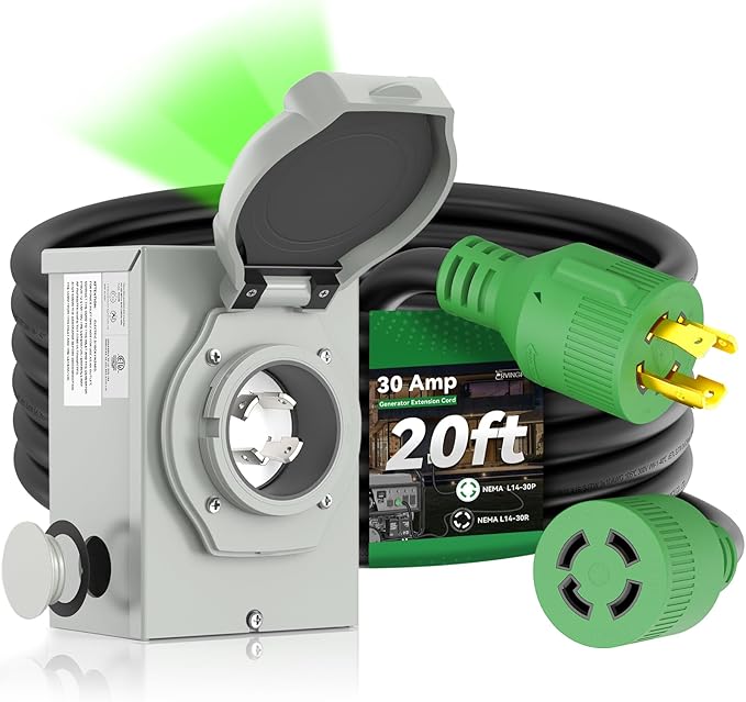 30 Amp Generator Cord 20FT and Power Inlet Box Pre-Drilled 30 Amp Generator Inlet Box with Cord NEMA L14-30P to L14-30R Generator Cord Waterproof Combo Kit ETL Listed