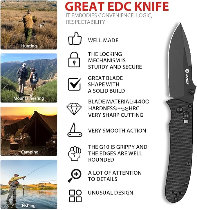 Firebird GANZO G704B-BK Pocket Folding Knife 3.34 440C Stainless Steel Black Blade G-10 Anti-Slip Handle with Clip Hunting Fishing Camping Folder Outdoor EDC Pocket Knife (Black)