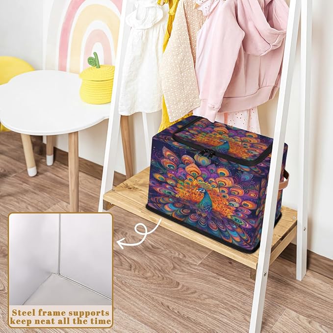 Peacock Storage Box with Lid Watercolor Feather Collapsible Storage Bins Baskets Cubes Closet Shelf Clothes Organizer Containers with PU Leather Handles