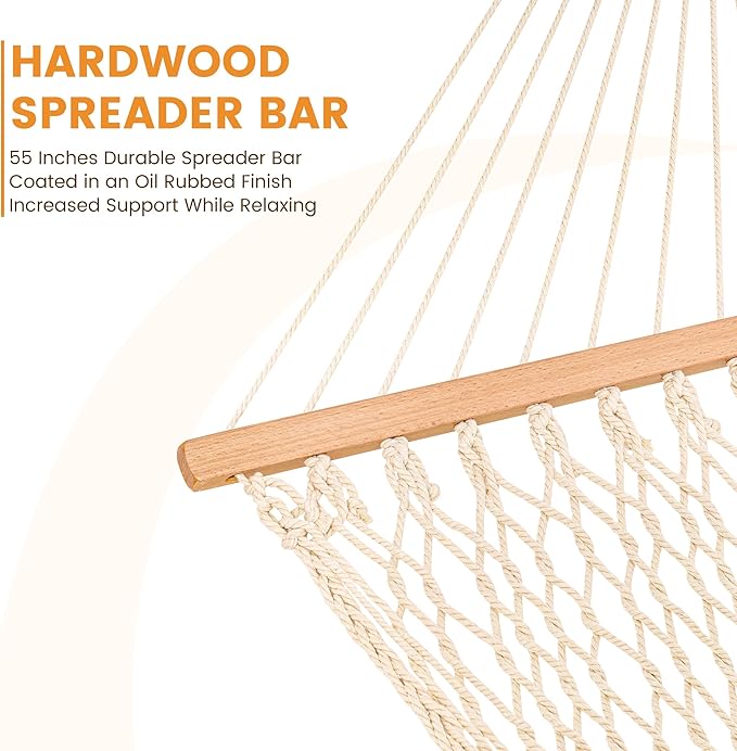 Lazy Daze Hammocks Double Rope Hammock 2 Person Traditional Outdoor Hand Woven Cotton Rope Hammock with Spreader Bar Carabiners Tree Straps Chains for Patio Yard - Max 450 Lbs Natural
