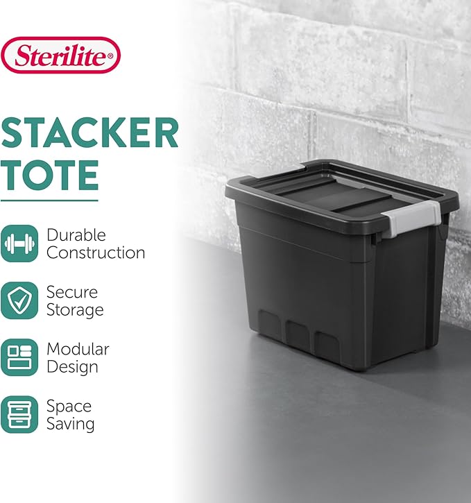 Sterilite 6-Pack 7.5 Gallon Stacker Tote Rugged Plastic Storage for Home Organization Black - Stackable Organizer Bins with Recessed Lid &amp Heavy-Duty Latches for Closet Basement Garage and Att