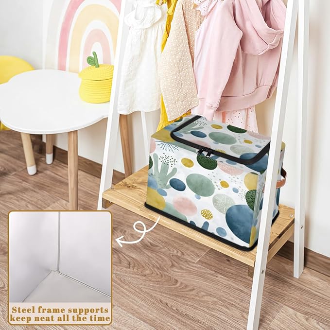 Boho Cacti Storage Bins with Lids Tropical Plant Collapsible Cube Storage Basket with Leather Handle Foldable Storage Box with Lids for Organizing Home Closet