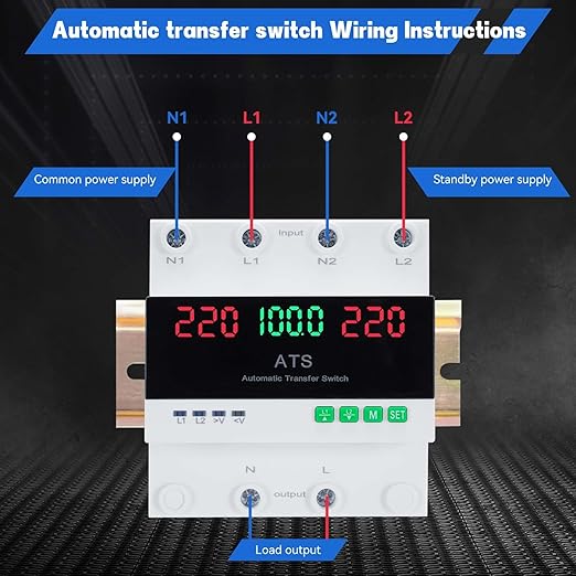 100A 220V Automatic Transfer Switch 2P Dual Power Select Interruptor Electrical Changeover Switch with LED Display Mini ATS Din Rail Mount 50/60Hz CE Certified for Home Backup Power