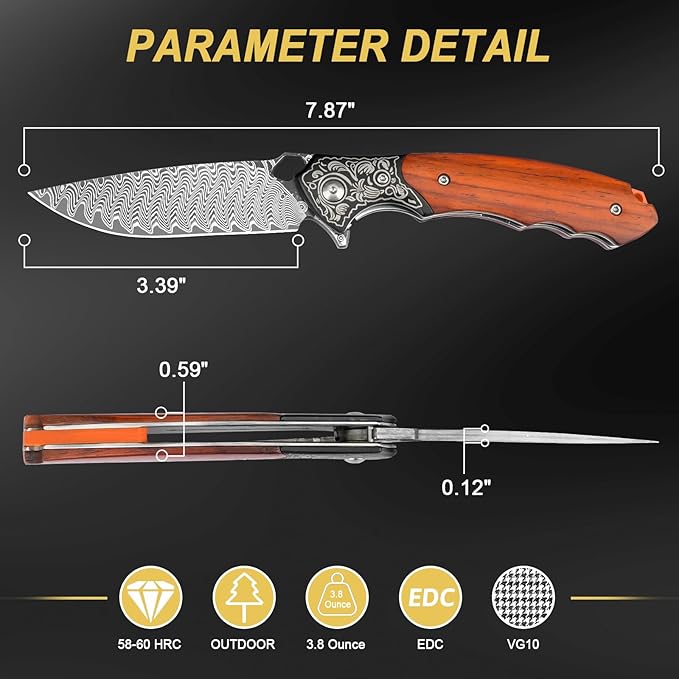 Zingbee Damascus Folding Knife 3.39 VG10 Core Damascus Steel Blade Pocket Knife for EDC Wood Handle Pocket Knives for Camping Survival Hunting