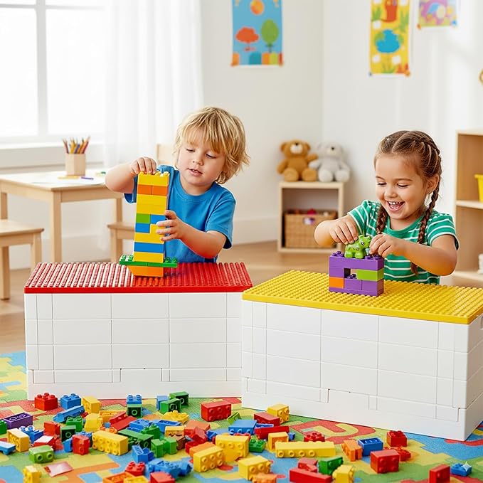 SHIMOYAMA 53 Qt. Folding Storage Box with Large Building Lid for Lego Duplo Blocks 13 Gallon Collapsible Organizer for Lego Bricks (Red)