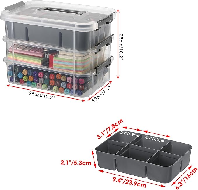 JUXYES 2 Pack 3-Tiers Stack Carry Storage Box With Divided Tray Transparent Stackable Storage Bin With Handle Lid Latching Storage Container for School &amp Office Supplies Dark Gray