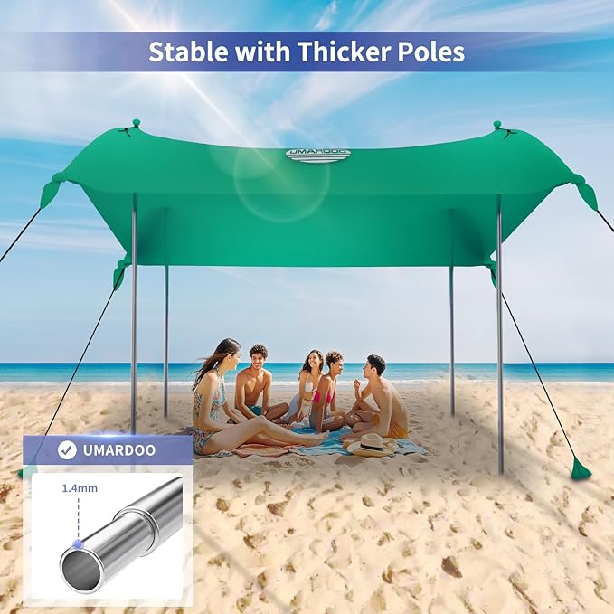 UMARDOO Family Beach Tent Canopy Sun Shade Portable Large Compact Beach Sun Shelter Easy Setup with Packable Bag for Outdoor Travel (Green 10X10 FT. 4Poles)