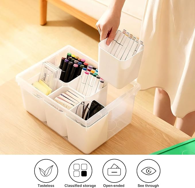 loobuu Plastic Storage Bins with Lids Art Craft Supply Organizer Box with Brush Pot Multipurpose Stackable Storage Containers for Organizing Tool Craft CrayonSewing (Green)