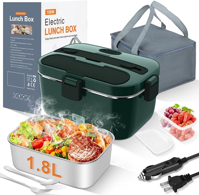 DUPASU Electric Lunch Box Food Warmer: 100W Heated Lunch Box for Adults 1.8L Portable Fast Heating Lunchbox Food Heater for Car Truck Work Travel Lonchera Elctrica 12/24V/110-230V