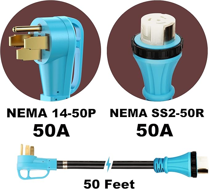 CircleCord UL Listed 50 Amp 50 Feet RV/Generator Cord with Locking Connector Heavy Duty 6/3+8/1 Gauge STW Wire 14-50P Male and SS2-50R Twist Locking Female for RV Camper and Generator to House