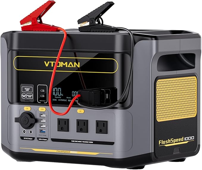 VTOMAN FlashSpeed 1000 Portable Power Station with Jumper Cables 828Wh LiFePO4 Solar Generator &amp Car Jump Starter 1H Fast Charging 2000W Peak for Home Backup Camping Roadside Emergencies