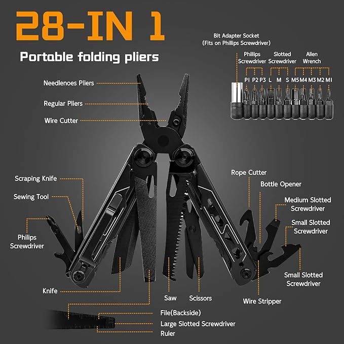 28-in-1 Multitool Pliers with ScissorsSaw ScrewdriversRope CuttersCan OpenerFileCarrying PouchStainless Steel Pocket Multi-Tool Ideal for Camping Survival Toolkit and Gift for him (Black)