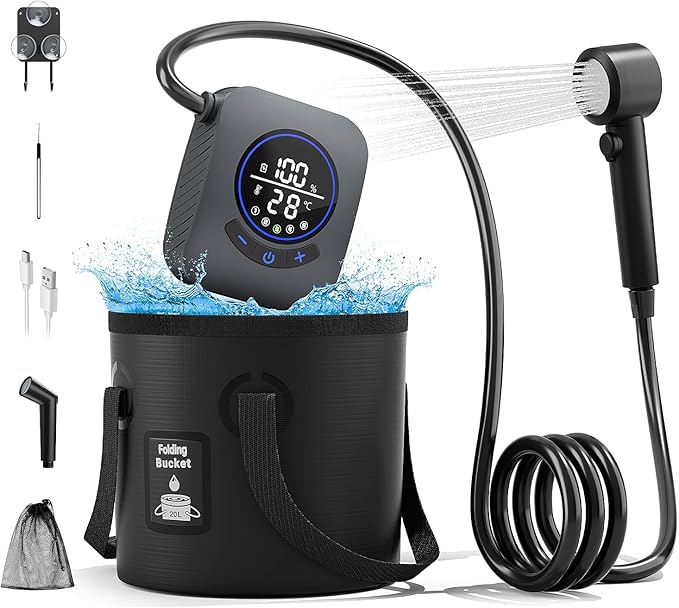 8000mAh Portable Camping Shower Upgrade Rechargeable Electric Shower Pump with 5 Gallon Bucket Intelligent LED DisplayPortable Shower for Outdoor