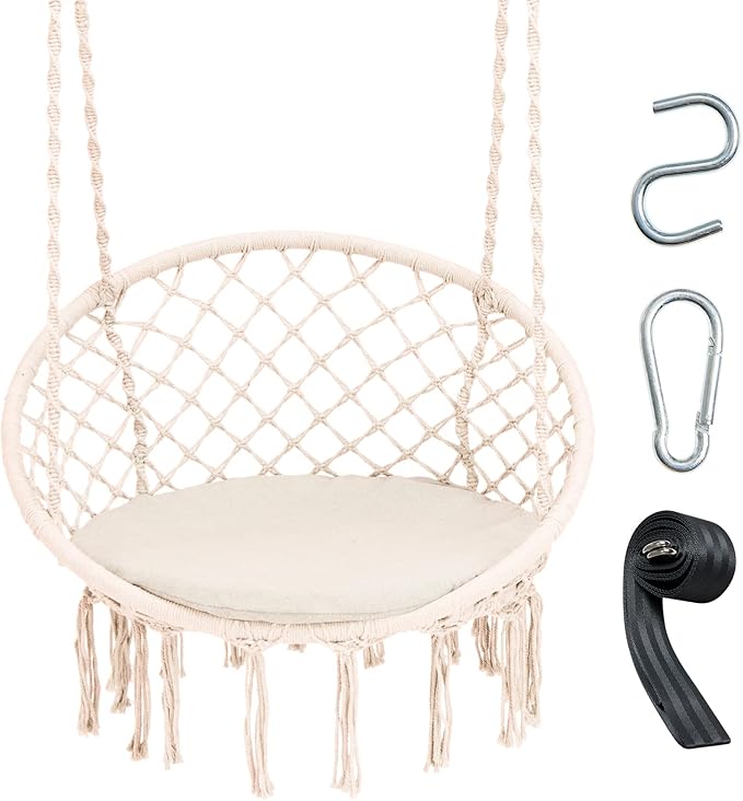 Giantex Hammock Chair Macrame Swing - Hanging Chair with Cushion and Hardware Kit 330 LBS Weight Capacity Indoor Swing for Hammock Stand Patio Balcony Living Room Hammock Swing (Beige)