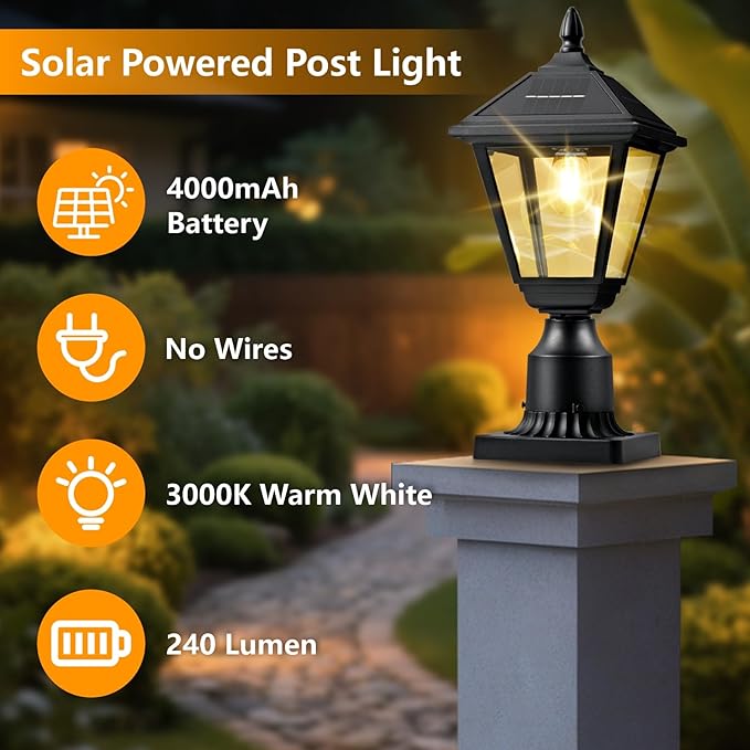 Solar Lamp Post Light 3000K Dusk to Dawn Solar Post Lights with Pier Mount Base Waterproof Outdoor Post Lantern Aluminum &amp Glass Housing for Garden Yard Pole Pillar