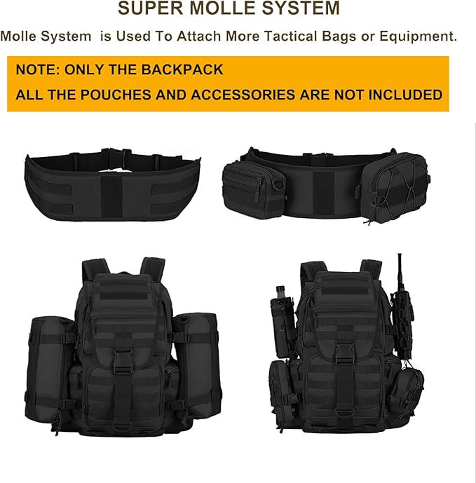 50L Military Tactical Backpack Molle Rucksack Large Army 3 Day Assault Pack Heavy Duty Backpack for Men (Black)