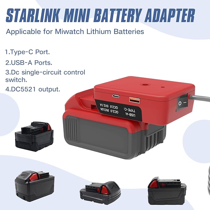 Deckit Starlink Mini Battery AdapterCompatible with Milwaukee M18 Battery Portable Power Converter for Off-Grid Internet with Switch Low Voltage Protection &amp Multi-Port Includes 5FT DC Cable &