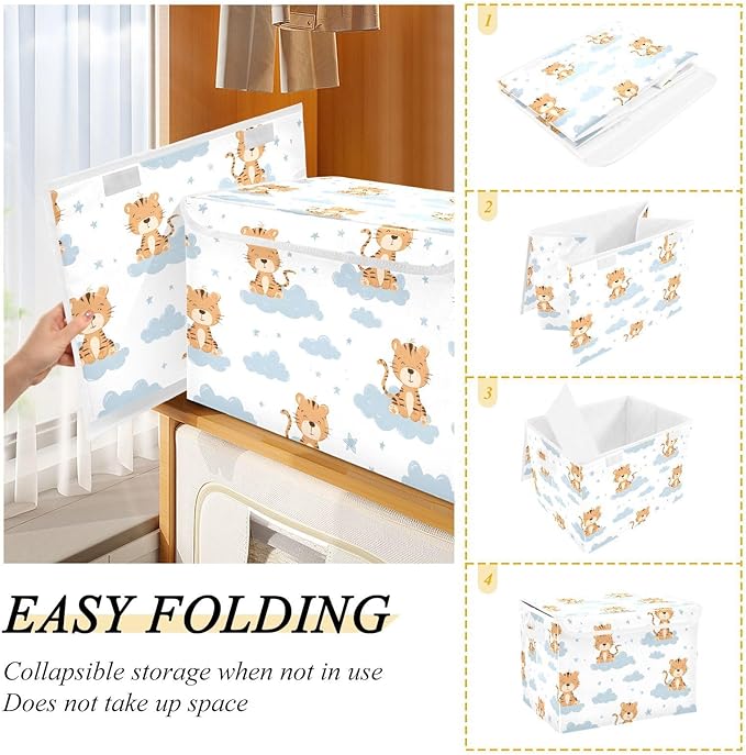 susiyo Large Foldable Storage Bin with Flip-Top Lid Cute Tiger Pattern Storage Box Collapsible Closet Organizer Containers Boxes Decorative Baskets with Handles for Home Bedroom Living Room Office