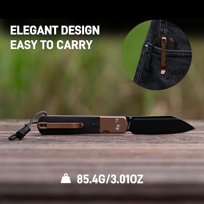 ARTISANCUTLERY Holm Folding Pocket Knife Folding Knife with 3.10'' AR-RPM9 Steel Handle with Rose Gold PVD Steel and Ebony Inlay Button Lock with Safety Switch EDC Knife for Men 1875P Rose Gold