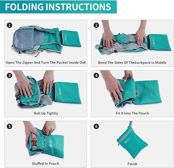 Hiking Backpack 10L/15L Small Daypack Lightweight Packable Travel Foldable Water Resistan for Women Men (Lake Green 10L)
