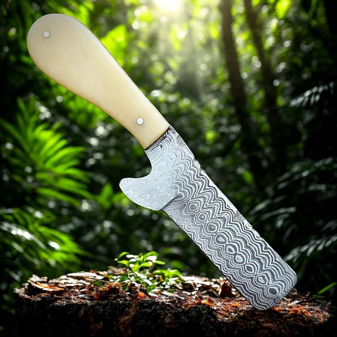 Damascus Steel Knife with Bone Handle Custom Handcrafted Hunting and Survival Knife Full Tang Blade with Leather Sheath - Outdoor Camping EDC and Bushcraft Tool