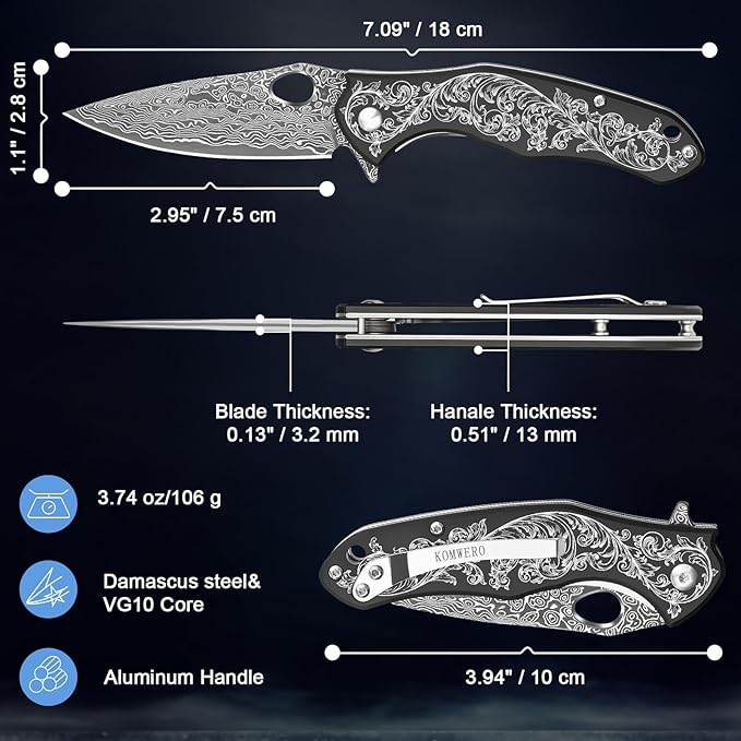 KOMWERO Damascus Pocket Knife with 2.95 VG10 Steel Blade Folding Knife with Aluminum Alloy Non-Slip Handle EDC Knife with Leather Sheath and Pocket Clip for Men Women Camping Survival Hiking
