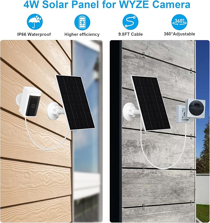 4W Solar Panel for WYZE Camera USB-C &amp Micro USB Adapter 9.8ft Cable IP66 Waterproof 360° Mount Compatible with WYZE Battery Cam Pro Outdoor Cam V1/V2 (1 Pack)