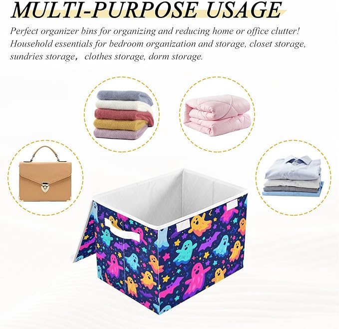 Storage Bins with Lids Storage Containers Box Organizer Bin Basket with Handles for Closet Shelves Clothes Stackable Foldable Decorative Neon Halloween Ghosts Stars Bats