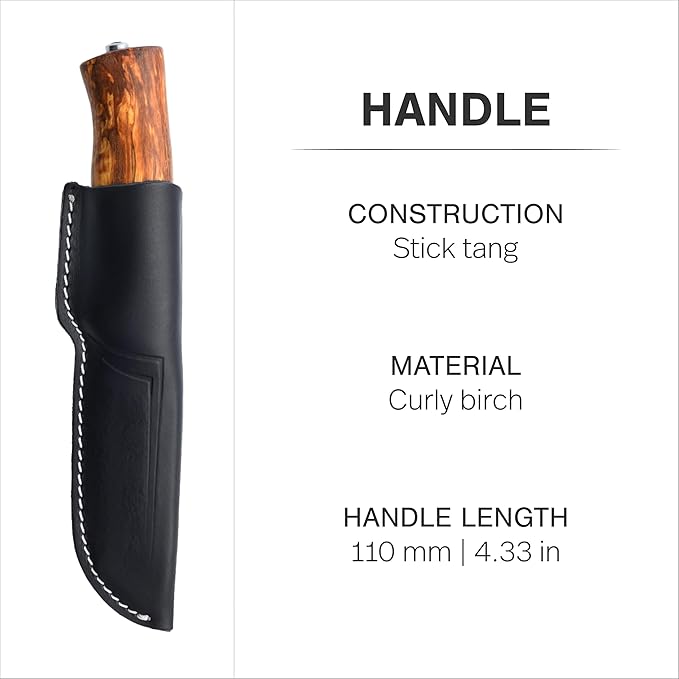 HELLE Knives - Eggen Stainless Steel - Outdoor Camping Knife Stick Tang Fixed Blade with Sheath Curly Birch Handle Made in Norway