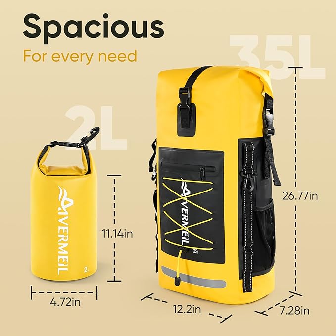 Dry Bag Waterproof Backpack 35L for Men &amp Women Roll-Top Hiking Backpack with IPX8 Waterproof Phone Case &amp Detachable Mini Backpack for Kayaking Boating Cushioned Padded Back Yellow