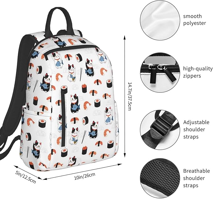 Travel Laptop Backpack Business Anti Theft Japanese sushi and lucky cat Durable Backpack College Computer Bag Gifts for Men &amp Women