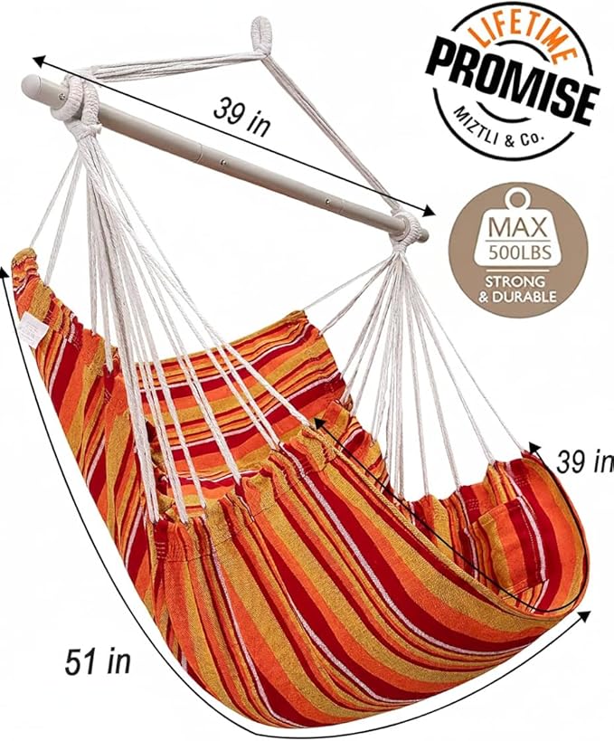 Miztli Hammock Chair with Hanging Chair Cover – Max 500 Lbs Steel Spreader Bar with Anti-Slip Rings Comfortable Indoor &amp Outdoor Hanging Chair – Includes Protective Waterproof Cover (57x45.5 in)
