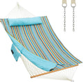 CHULIM Outdoor Double Hammock with Hardwood Spreader Bars Large Rope Hammock with Polyester Pad and Pillow 475 LBS Capacity for 2 Person Patio Backyard Poolside - Bule Stripe