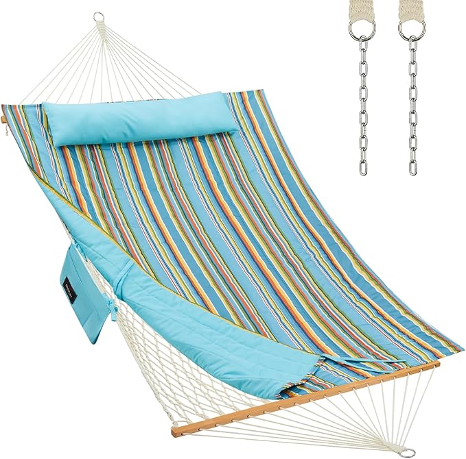 CHULIM Outdoor Double Hammock with Hardwood Spreader Bars Large Rope Hammock with Polyester Pad and Pillow 475 LBS Capacity for 2 Person Patio Backyard Poolside - Bule Stripe
