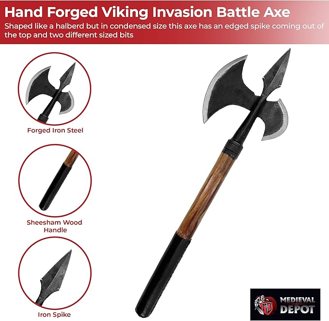 MedievalDepot Hand Forged Viking Invasion Battle Axe – Overall 25” – Carbon Steel Blade with Wood Handle and Leather Grip – Functional Collectible for Reenactment Display or Gifting