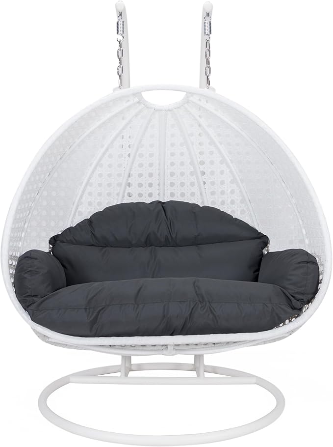 LeisureMod 2 Person Hanging Egg Chair Indoor Outdoor Patio Lounge Swing with White Stand &amp UV-Resistant Cushions Hammock Chair for Bedroom &amp Garden Black