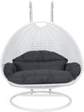 LeisureMod 2 Person Hanging Egg Chair Indoor Outdoor Patio Lounge Swing with White Stand &amp UV-Resistant Cushions Hammock Chair for Bedroom &amp Garden Black